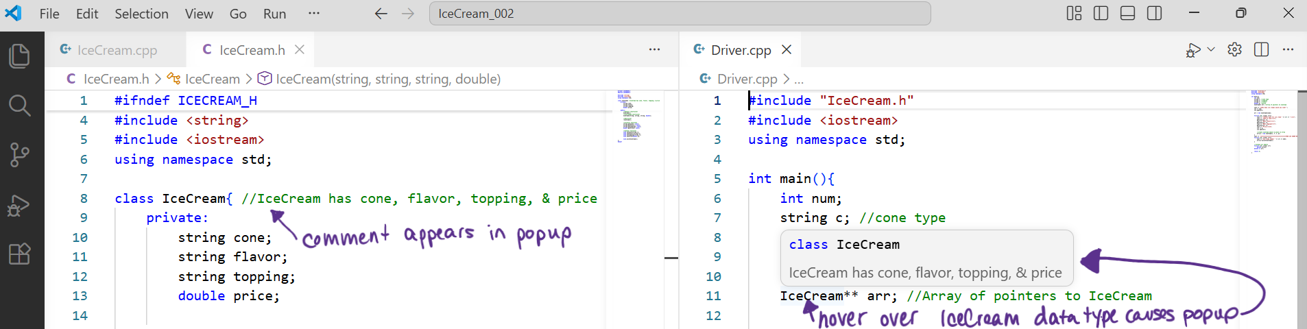 popup description for a class