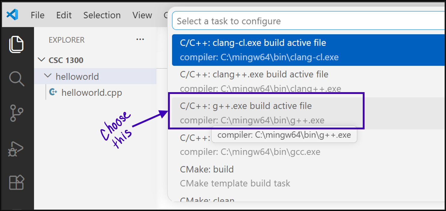 Select g++ exe build task